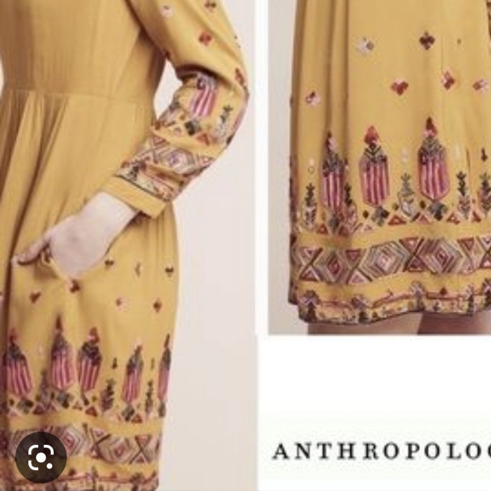 Anthropologie Mustard Yellow Embroidered Border Long-Sleeve Dress - Picture 10 of 11
